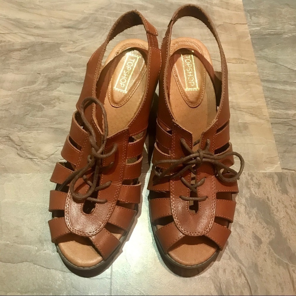 Retro Boho Topshop Brown Leather Sandals Block Heel Slingback Lace Up Size 40